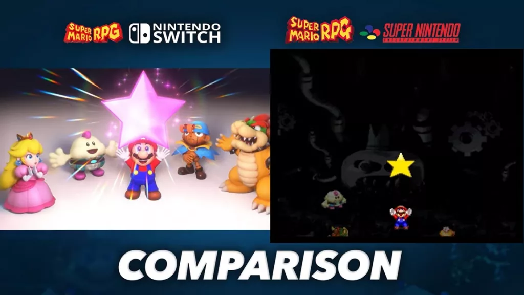 Updated graphics comparison between the original and Nintendo switch version of Super Mario RPG.